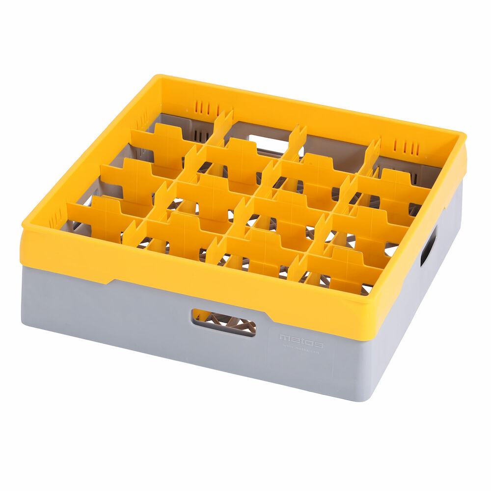 Grey compartment basket Metos with yellow heightening frame andcompartment for 16 x Ø110x120 mm glasses