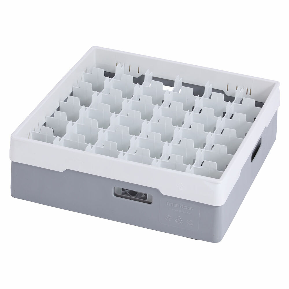 Grey compartment basket Metos with white heightening frame andcompartment for 36 x Ø72x120 mm glasses