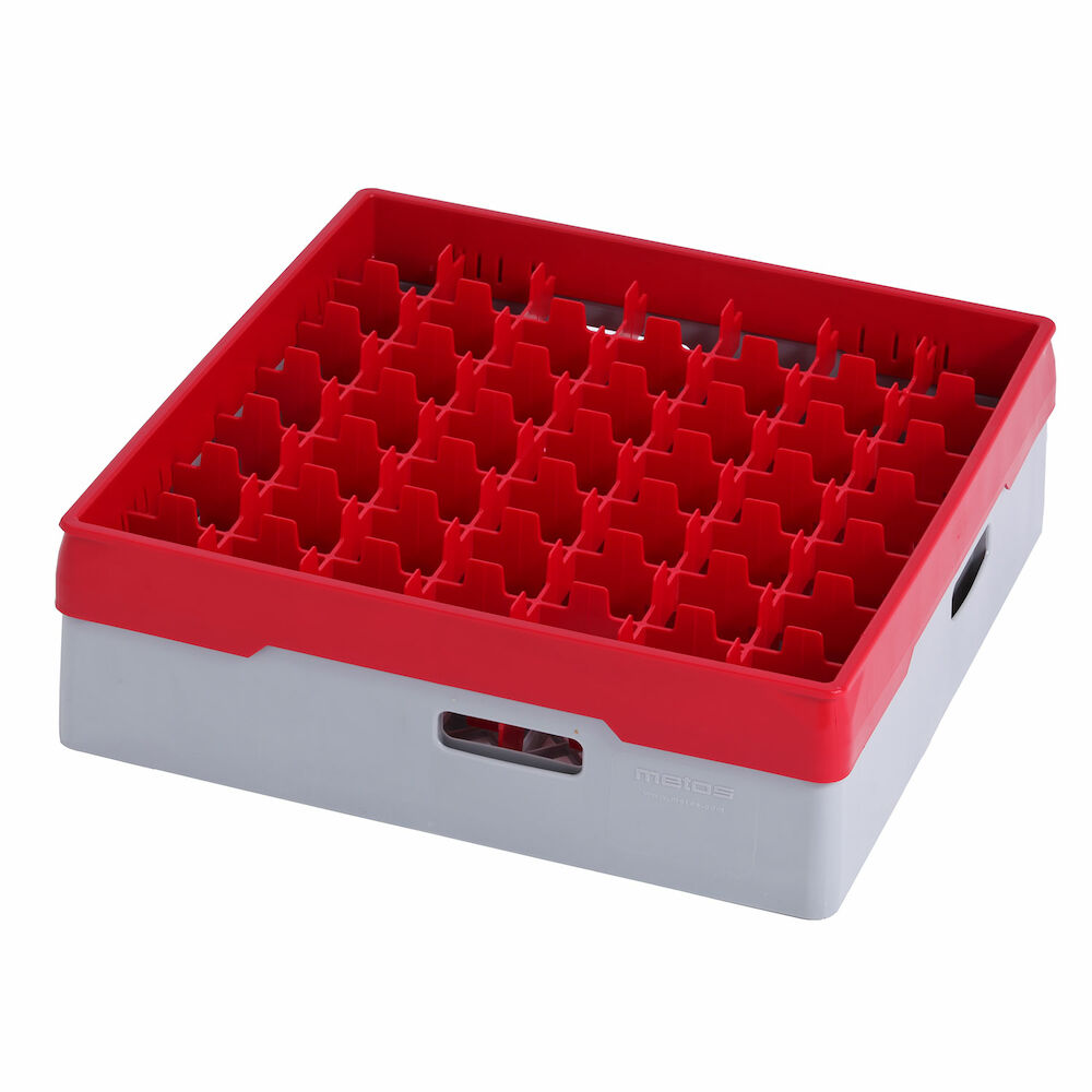 Grey compartment basket Metos with red heightening frame and compartmentfor 49 x Ø60x120 mm glasses