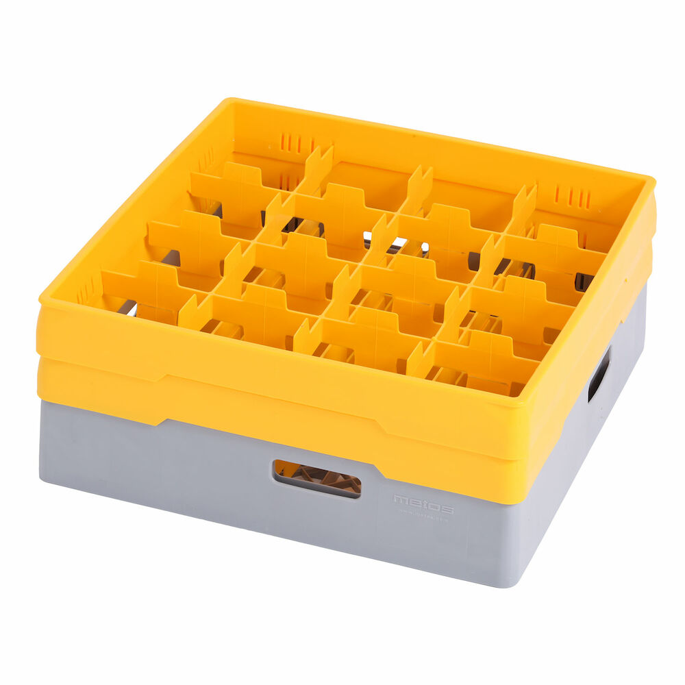 Grey compartment basket Metos with yellow heightening frame andcompartment for 16 x Ø110x170 mm glasses