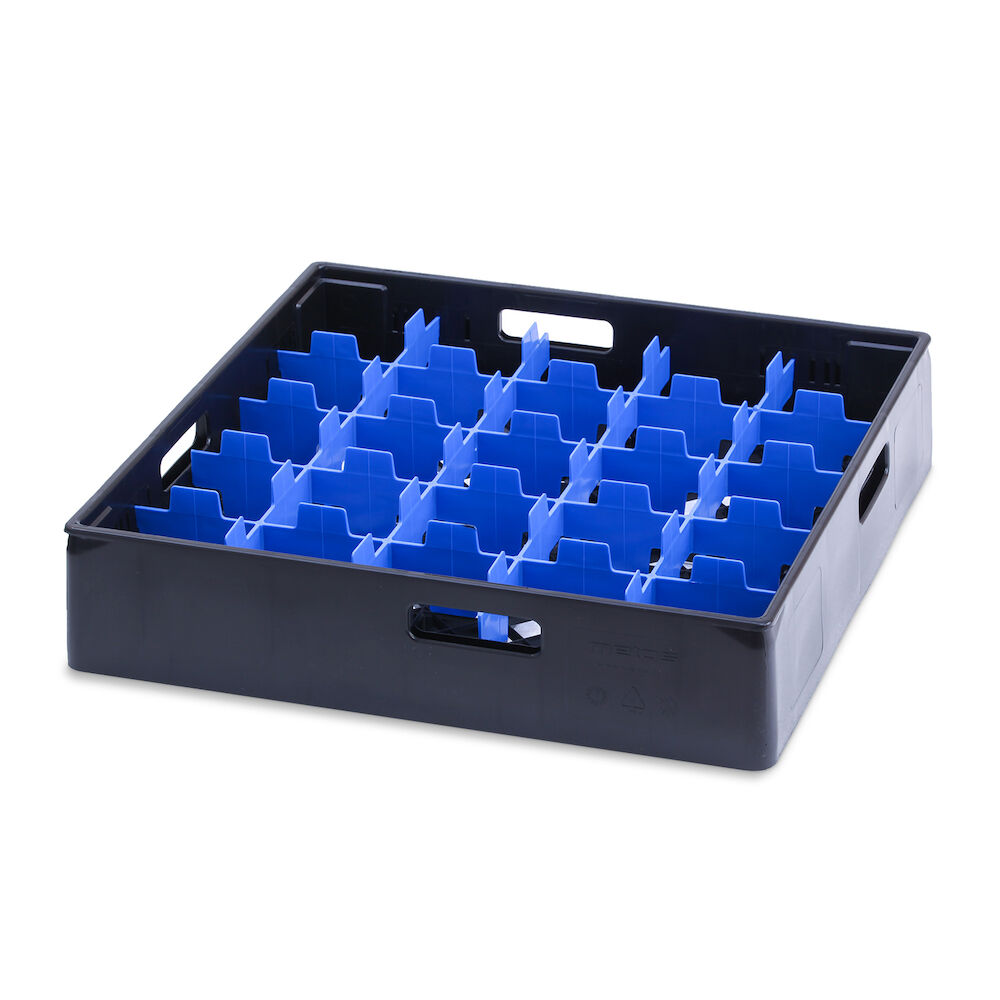 Grey compartment basket Metos with blue heightening frame andcompartment for 25 x Ø87 glasses