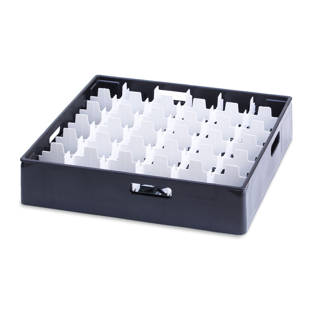 Grey compartment basket Metos with white heightening frame andcompartment for 36 x Ø72 glasses