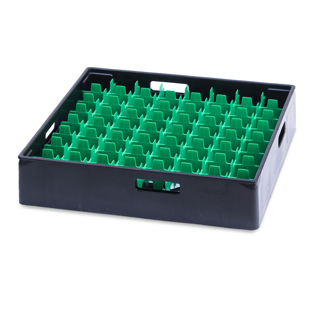 Black compartment basket Metos with green heightening frame andcompartment for 64 x Ø52 glasses