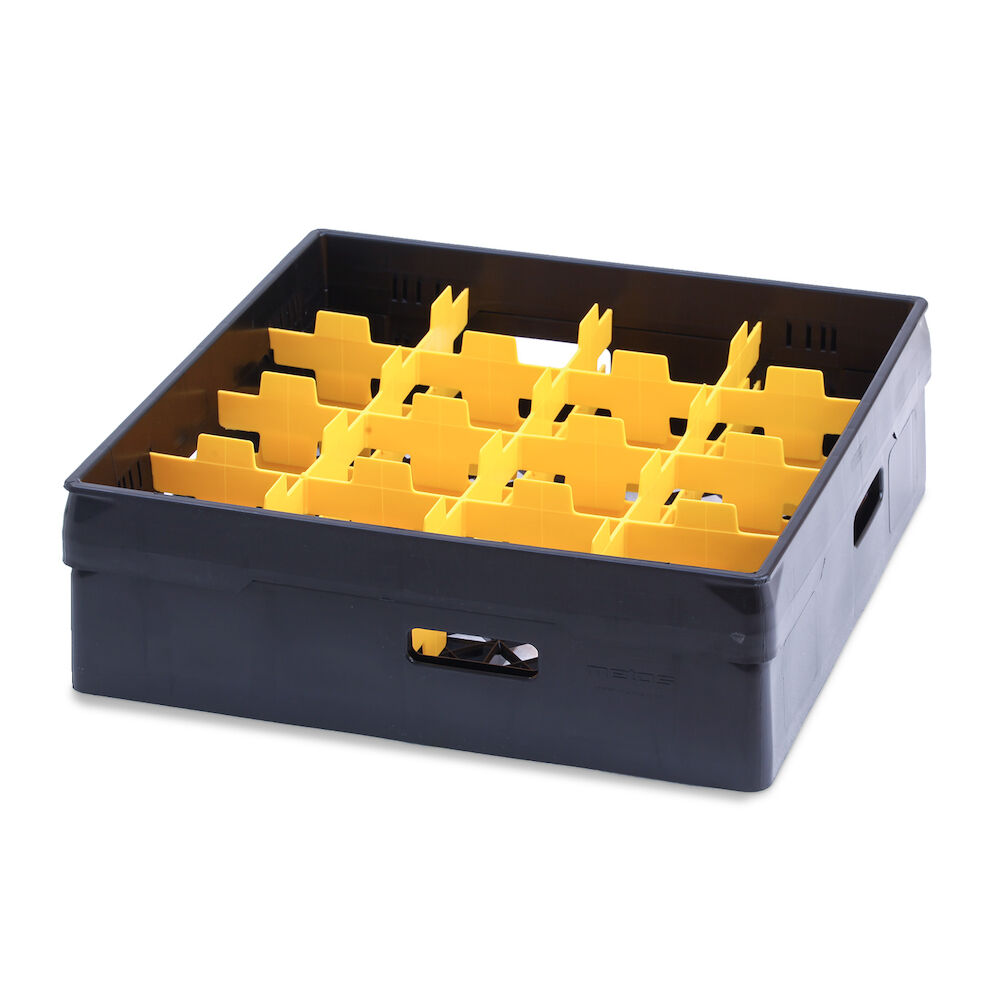 Grey compartment basket Metos with yellow heightening frame andcompartment for 16 x Ø110x120 mm glasses