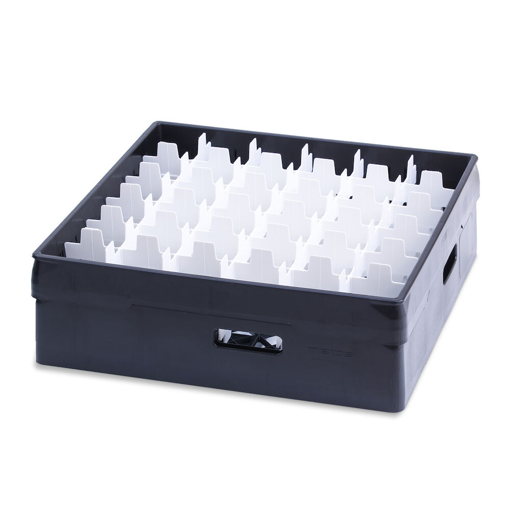 Black compartment basket Metos with white heightening frame andcompartment for 36 x Ø72 120 mm glasses