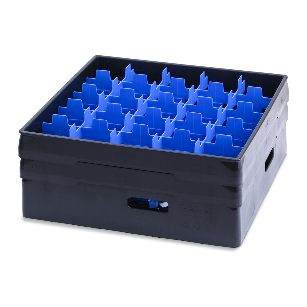 Black compartment basket Metos with blue heightening frame andcompartment for 25 x Ø87x170 mm glasses