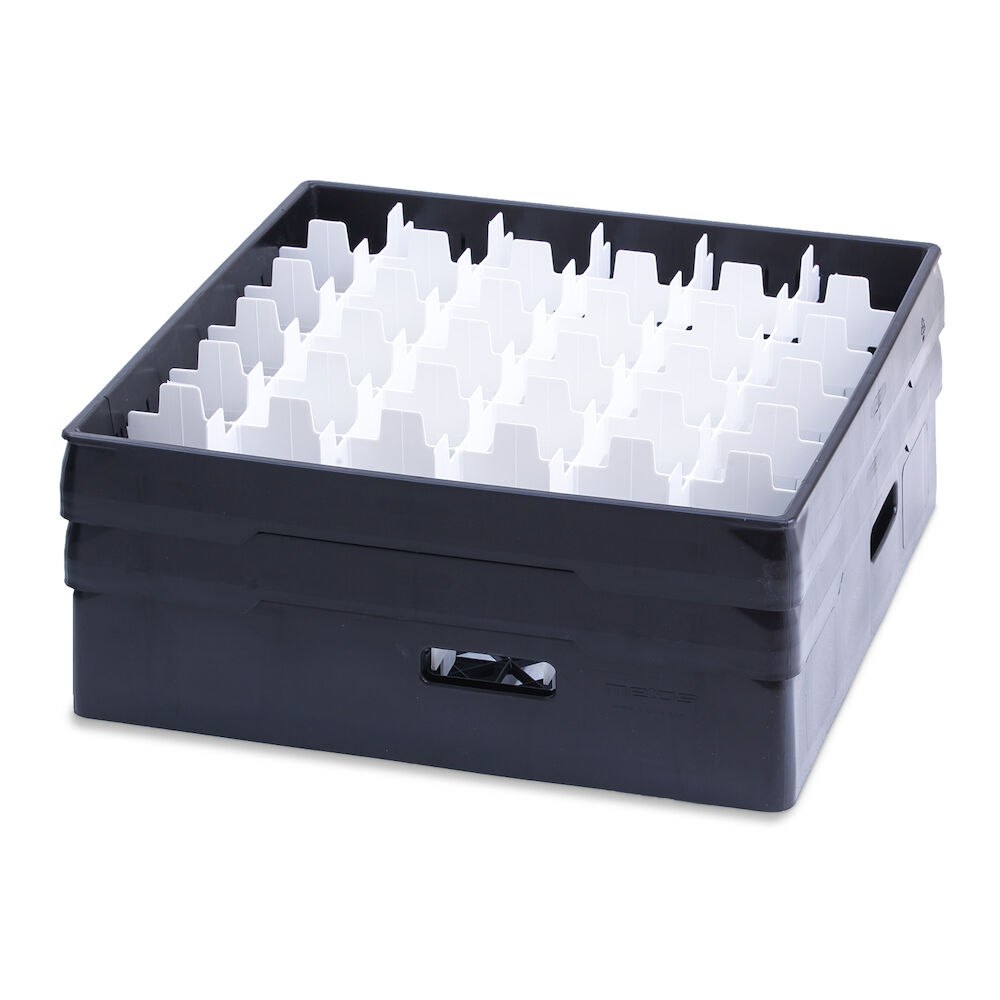 Black compartment basket Metos with white heightening frame andcompartment for 36 x Ø72x170 mm glasses