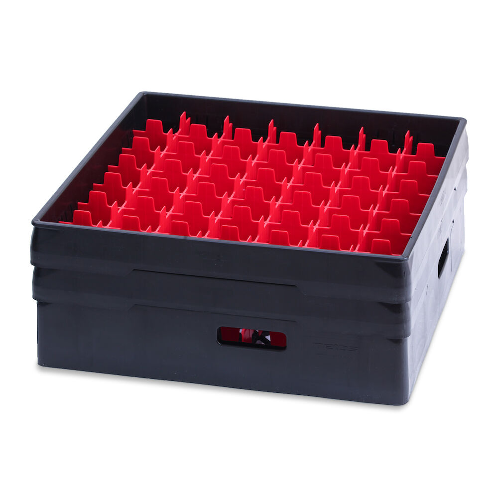 Black compartment basket Metos with red heightening frame andcompartment for 49 x Ø60x170 mm glasses