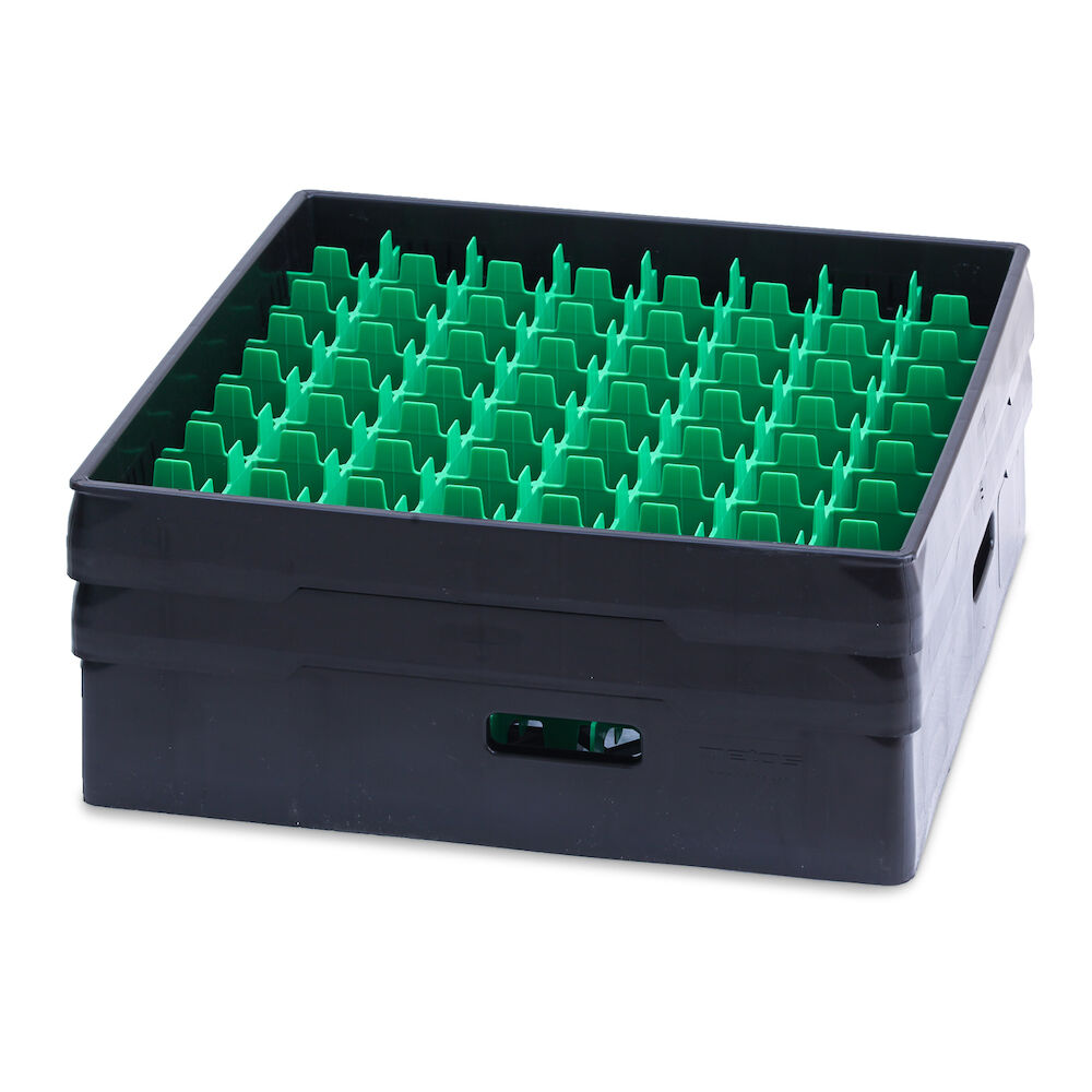 Black compartment basket Metos with green heightening frame andcompartment for 64 x Ø52x170 mm glasses