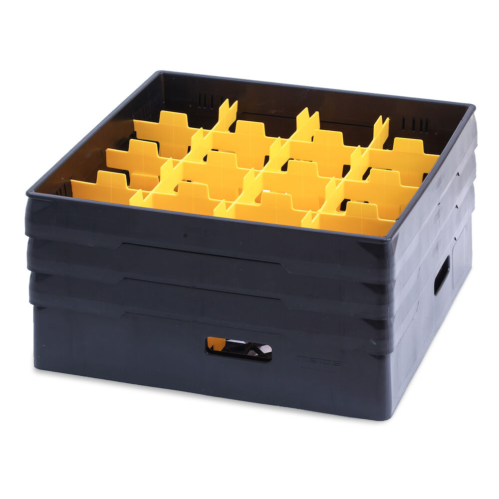 Black compartment basket Metos with yellow heightening frame andcompartment for 16 x Ø110x220 mm glasses