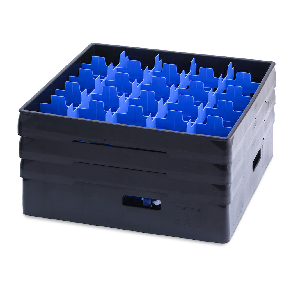 Black compartment basket Metos with blue heightening frame andcompartment for 25 x Ø87x220 mm glasses