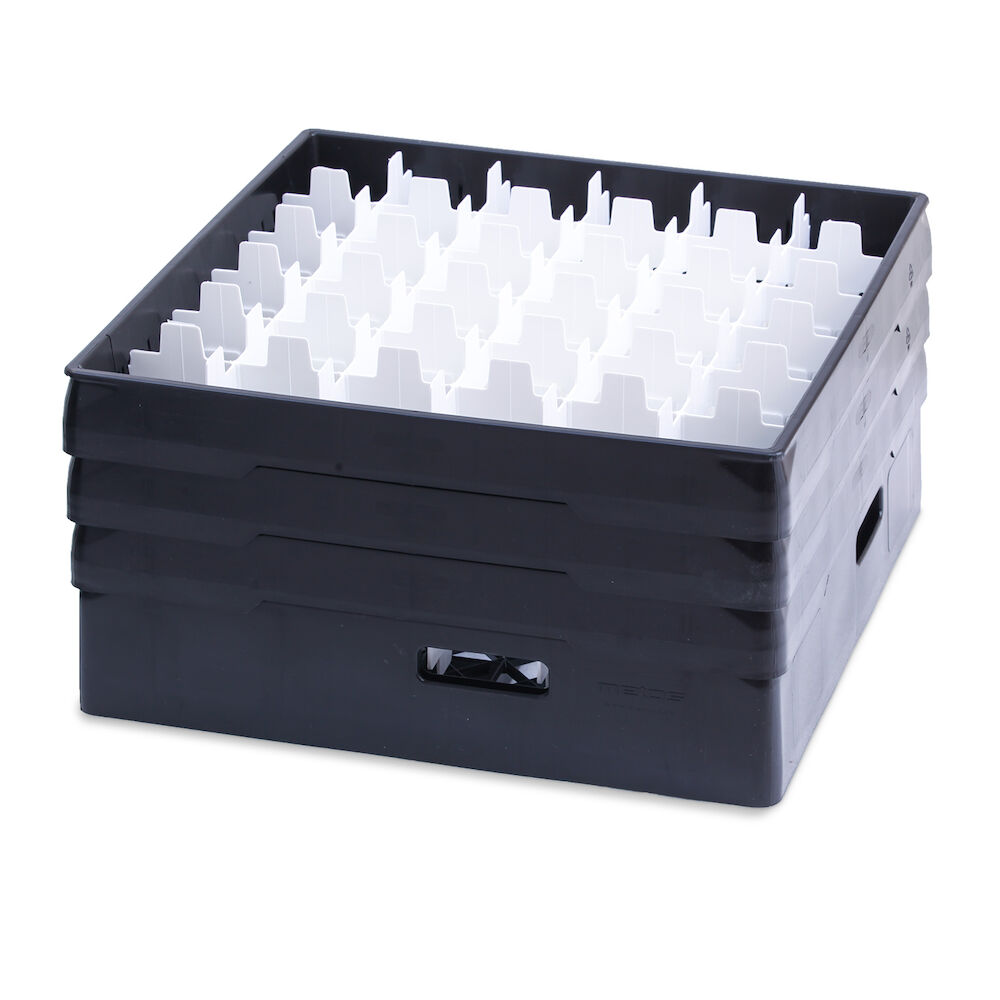 Black compartment basket Metos with white heightening frame andcompartment for 36 x Ø72x220 mm glasses