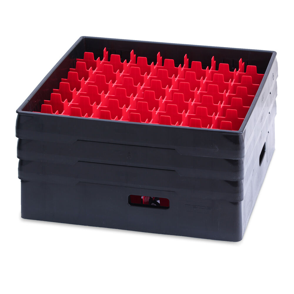 Black compartment basket Metos with red heightening frame andcompartment for 49 x Ø60x220 mm glasses