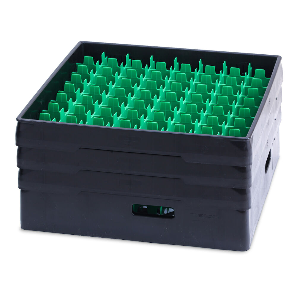 Black compartment basket Metos with green heightening frame andcompartment for 64 x Ø52x220 mm glasses